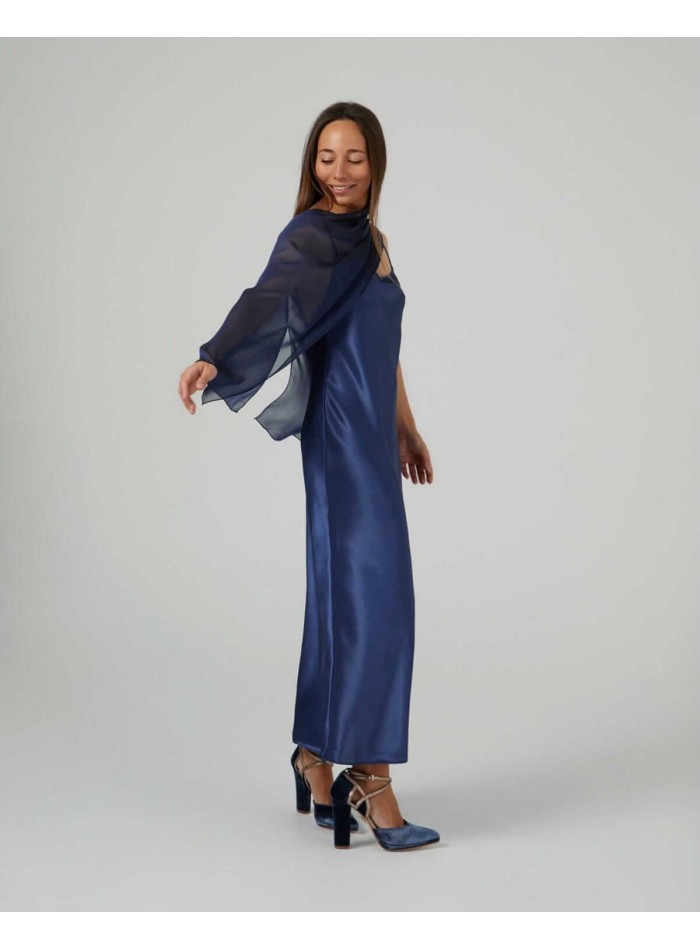 Short cape in navy blue cationic chiffon with...
