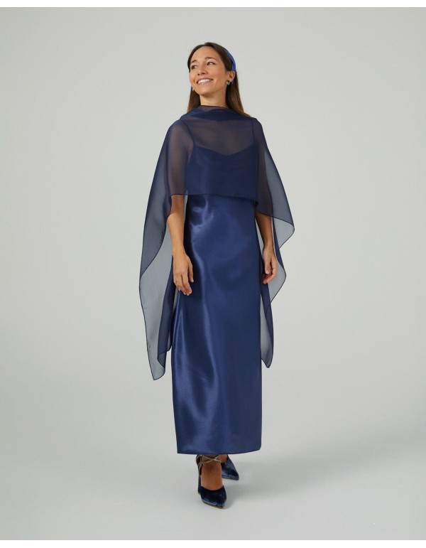 Long cape in navy blue cationic chiffon with double thread