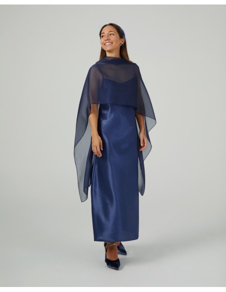 Long cape in navy blue cationic chiffon with double thread