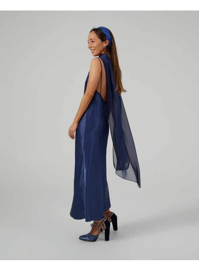 Long cape in navy blue cationic chiffon with...