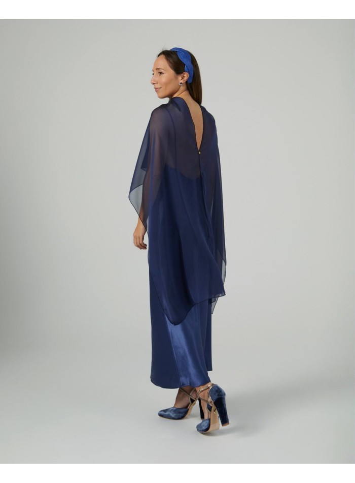 Long cape in navy blue cationic chiffon with...