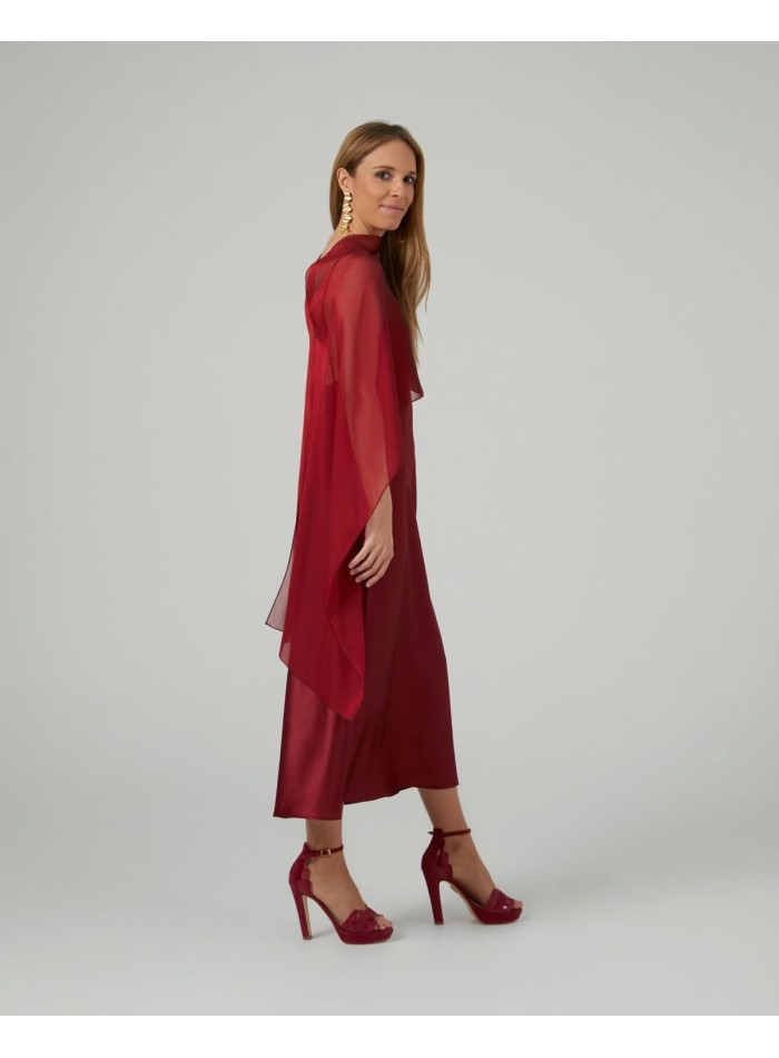 Long layer in maroon cationic chiffon with...