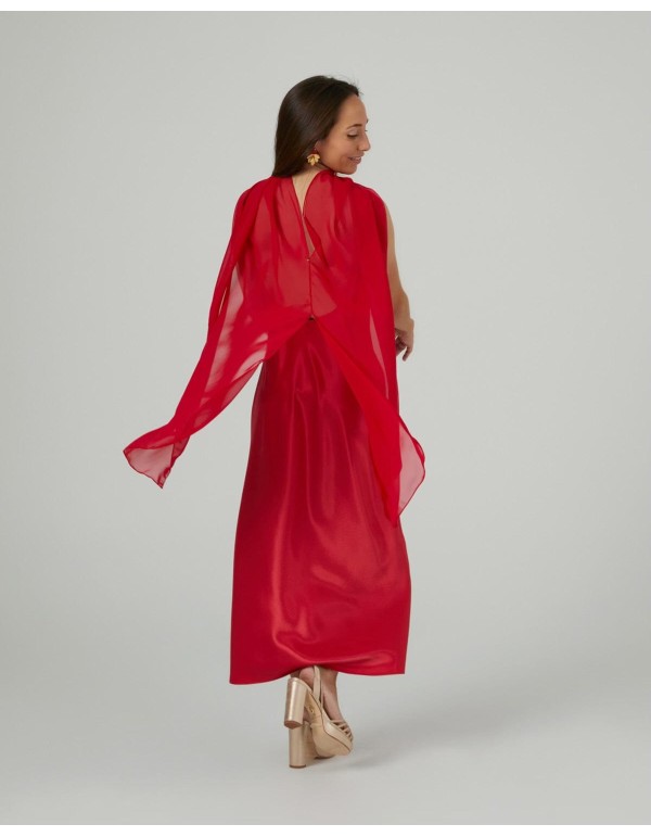 Long cape in red cationic chiffon with double thread 2