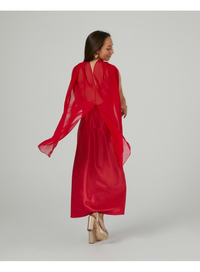 Long cape in red cationic chiffon with double...