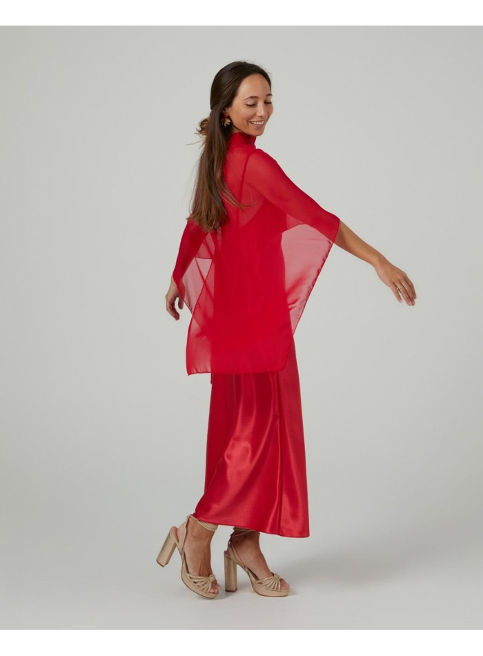 Long cape in red cationic chiffon with double...