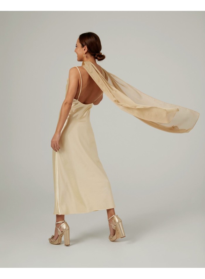 Long cape in gold cationic chiffon with double...