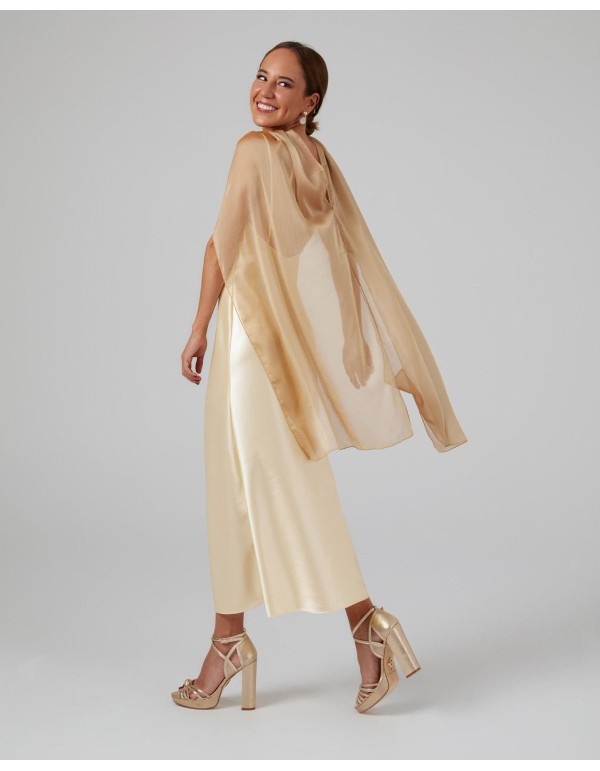 Long cape in gold cationic chiffon with double thread