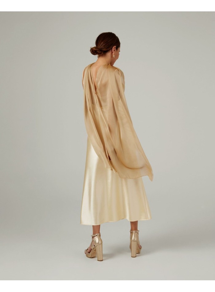 Long cape in gold cationic chiffon with double...