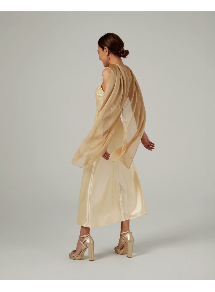 Long cape in gold cationic chiffon with double...