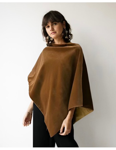 Poncho court réversible en velours marron, réversible