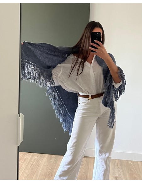 Light blue fringed poncho multiposition