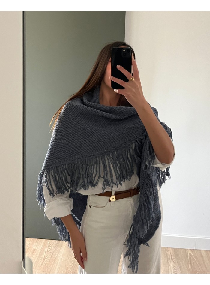 Light blue fringed poncho multiposition