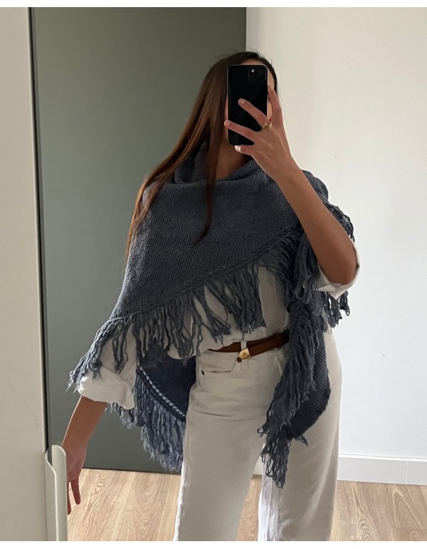 Light blue fringed poncho multiposition
