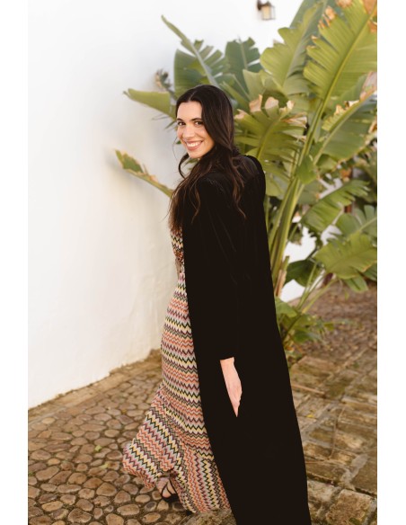Black velvet midi coat with long sleeves