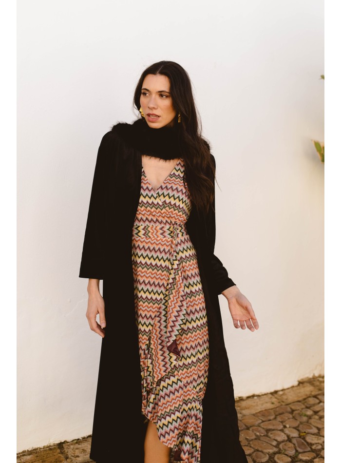 Black velvet midi coat with long sleeves