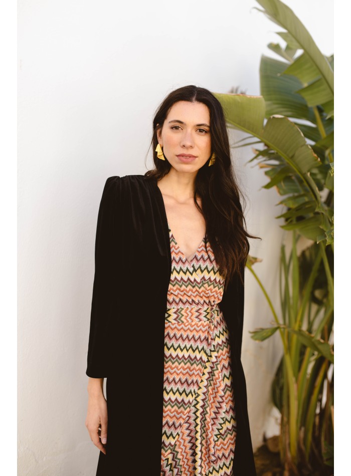 Manteau midi en velours noir à manches longues