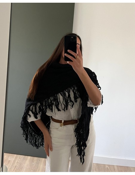 Short navy blue fringed poncho