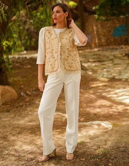 Pantalon en crêpe blanc à pinces et taille haute