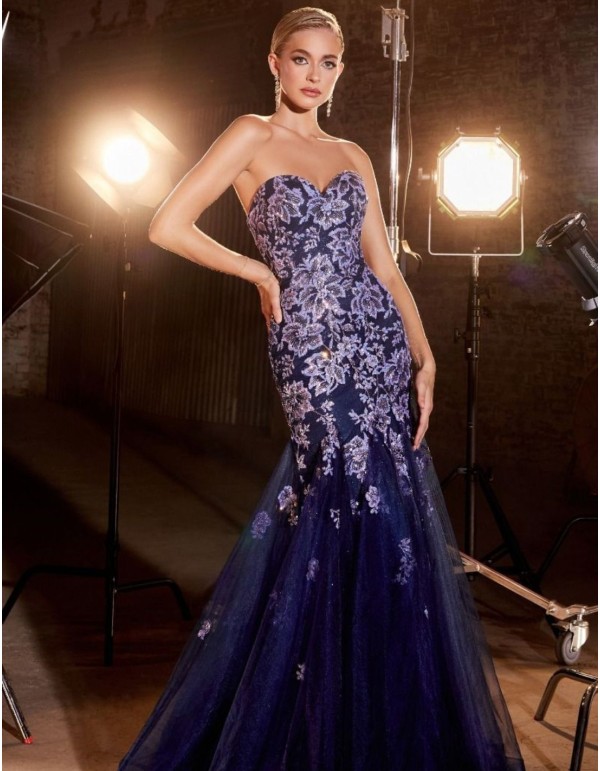 Robe de soirée sirène sans bretelles à imprimé floral