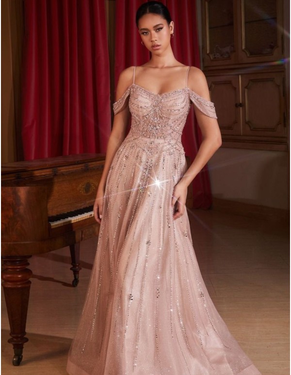 Maxi tulle dress with rhinestones and flared skirt