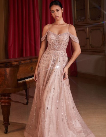 Maxi tulle dress with rhinestones and flared skirt