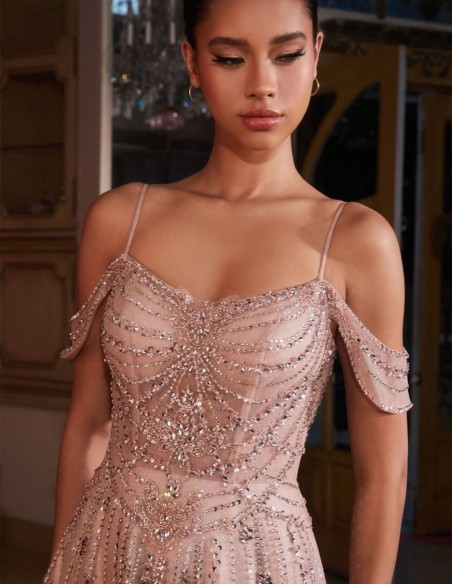 Maxi tulle dress with rhinestones and flared skirt