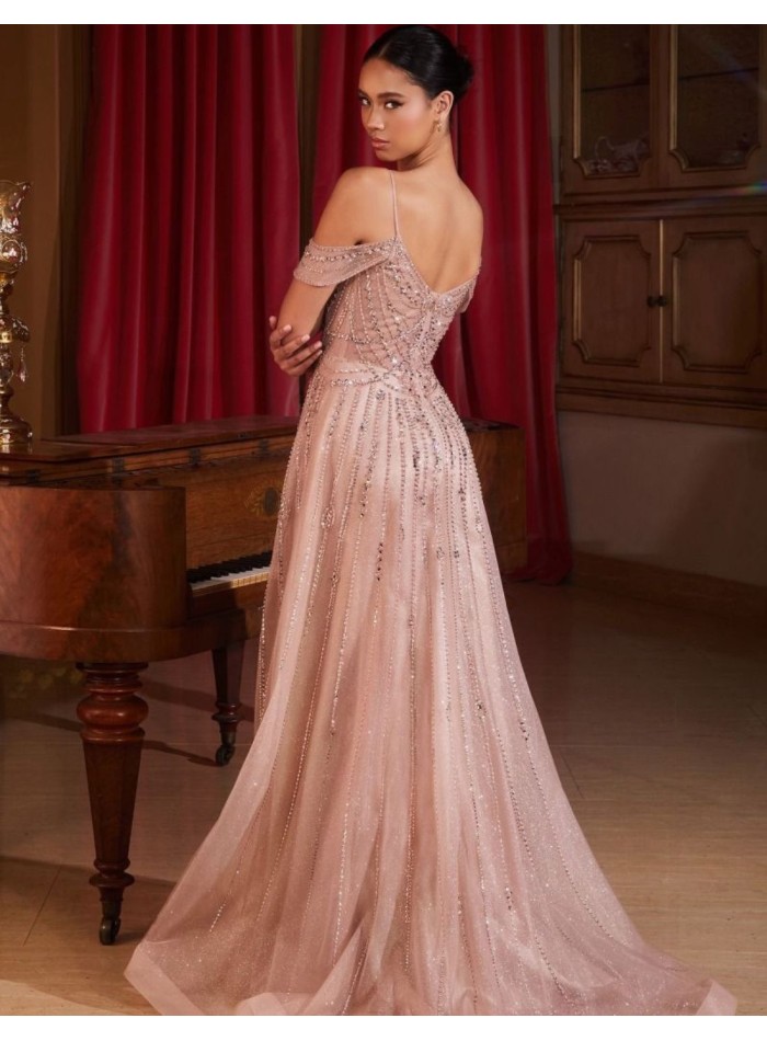 Maxi tulle dress with rhinestones and flared skirt