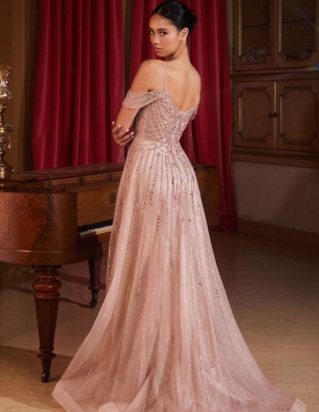 Maxi tulle dress with rhinestones and flared skirt