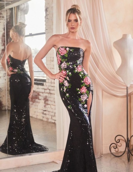Robe longue de fête avec paillettes et imprimé floral
