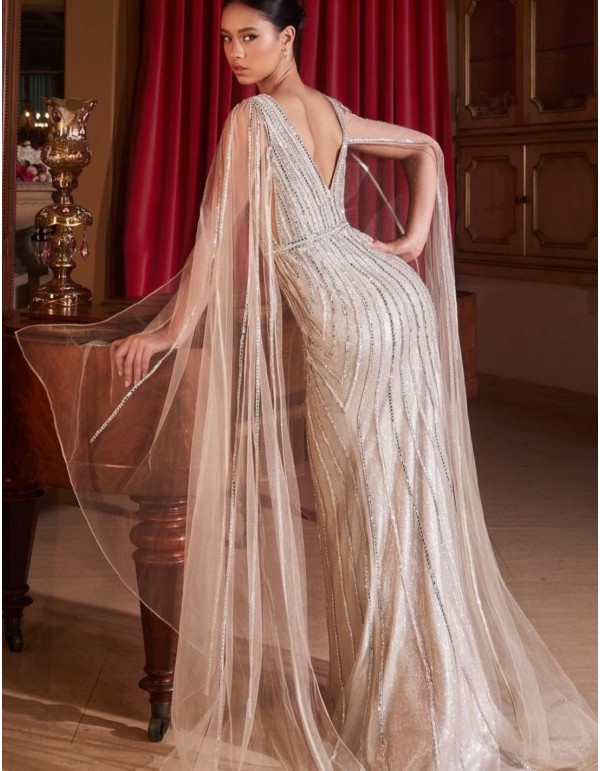 Vestido de fiesta de manga capa con adorno de pedrería 2