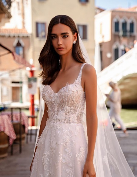 Ivory wedding dress with straps and floral embroidered lace bodice