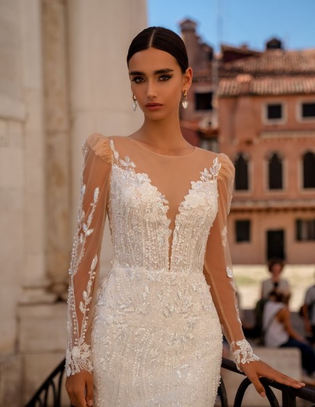 Robe longue de mariage avec effet de tatouage en dentelle manches longues