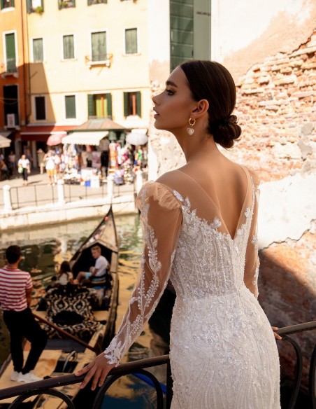 Robe longue de mariage avec effet de tatouage en dentelle manches longues