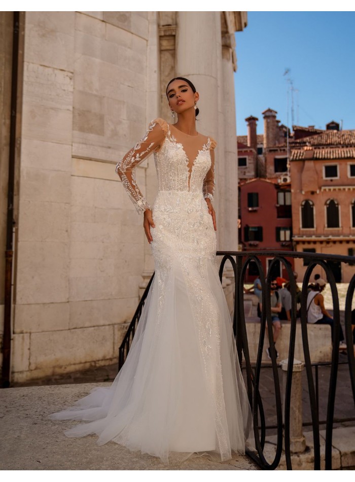 Long wedding dress with long sleeves and lace...