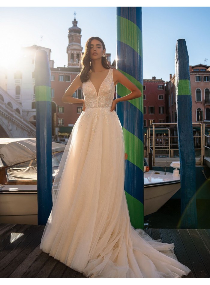 Ivory long wedding dress with V-neckline and...