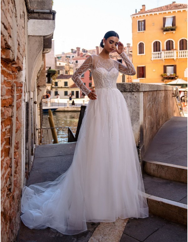 Long princess cut wedding dress with beaded long sleeves 2