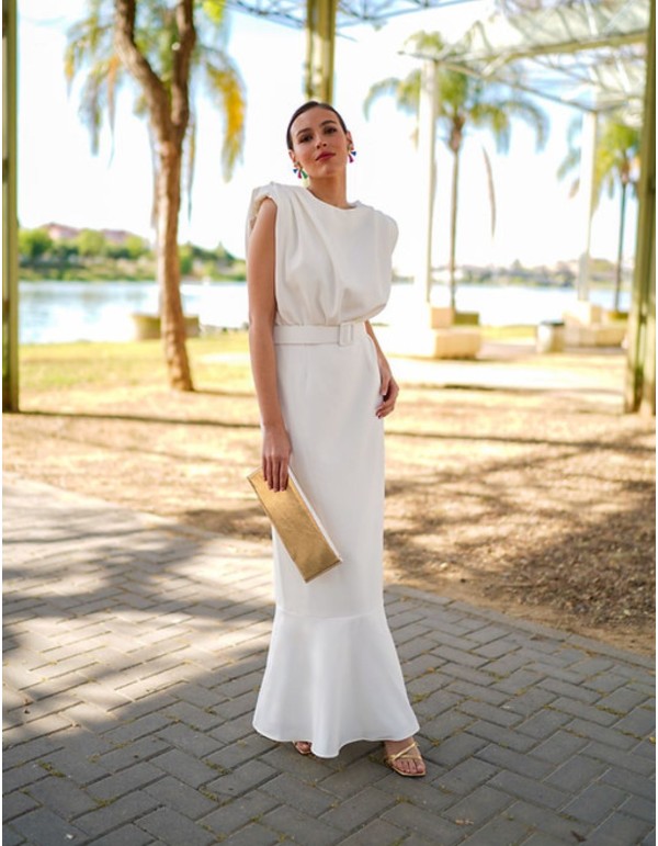 sleeveless white midi dress with ruffle