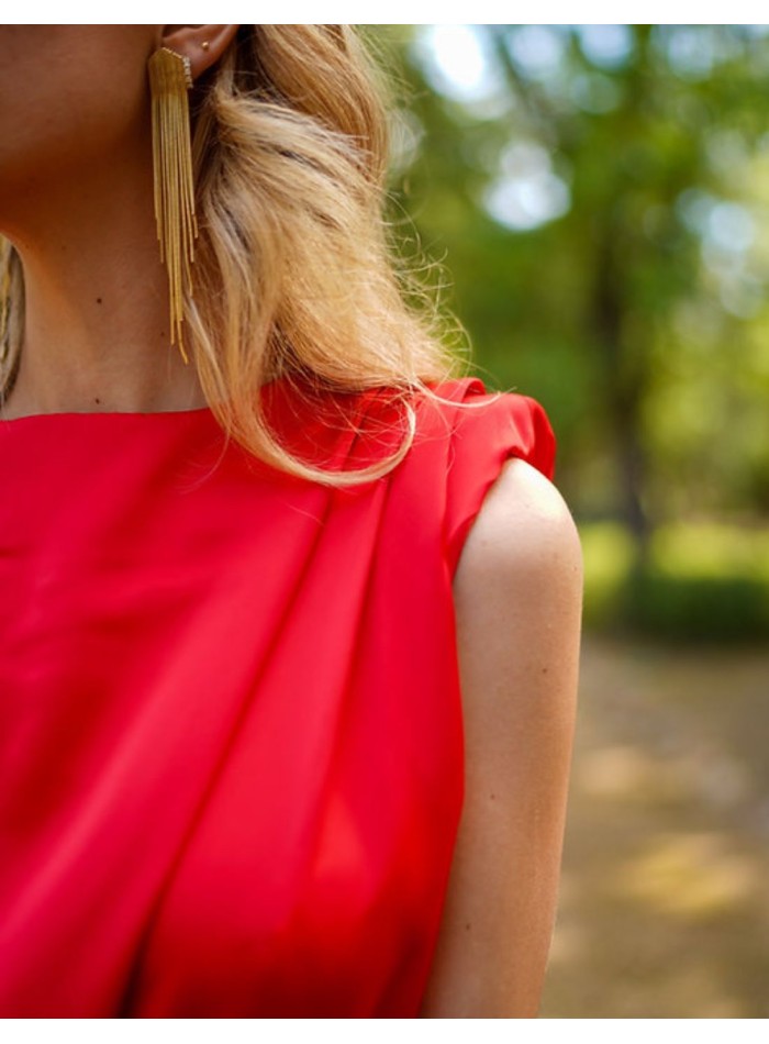 sleeveless red midi party dress with ruffle