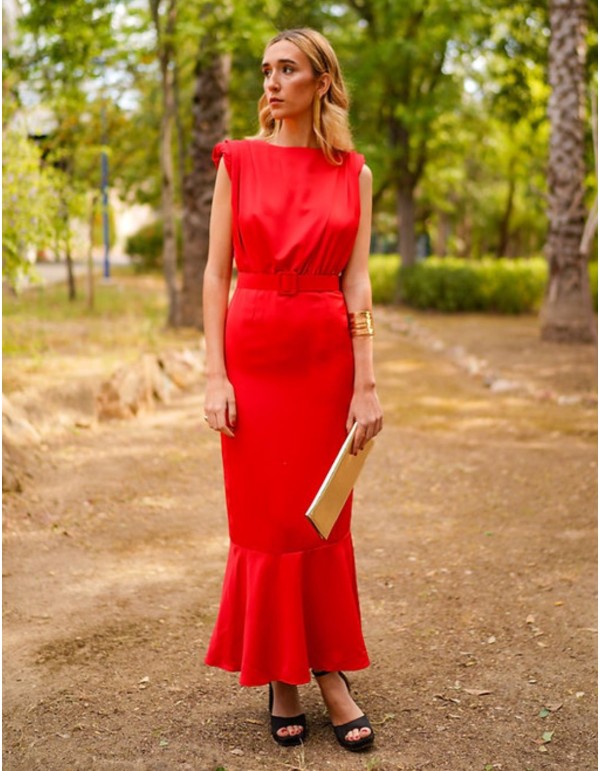 sleeveless red midi party dress with ruffle 2