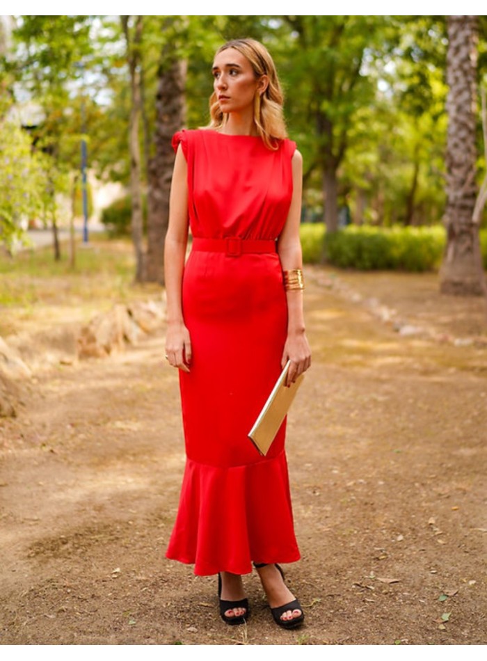 sleeveless red midi party dress with ruffle
