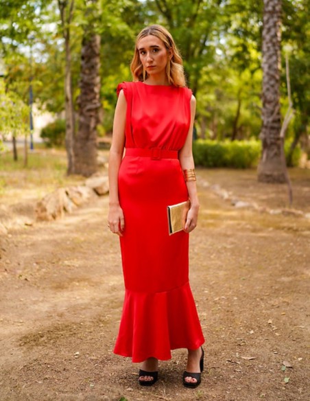 Robe de soirée midi sans manches avec volant, de couleur rouge