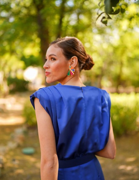 Vestido midi de fiesta azul sin mangas con volante