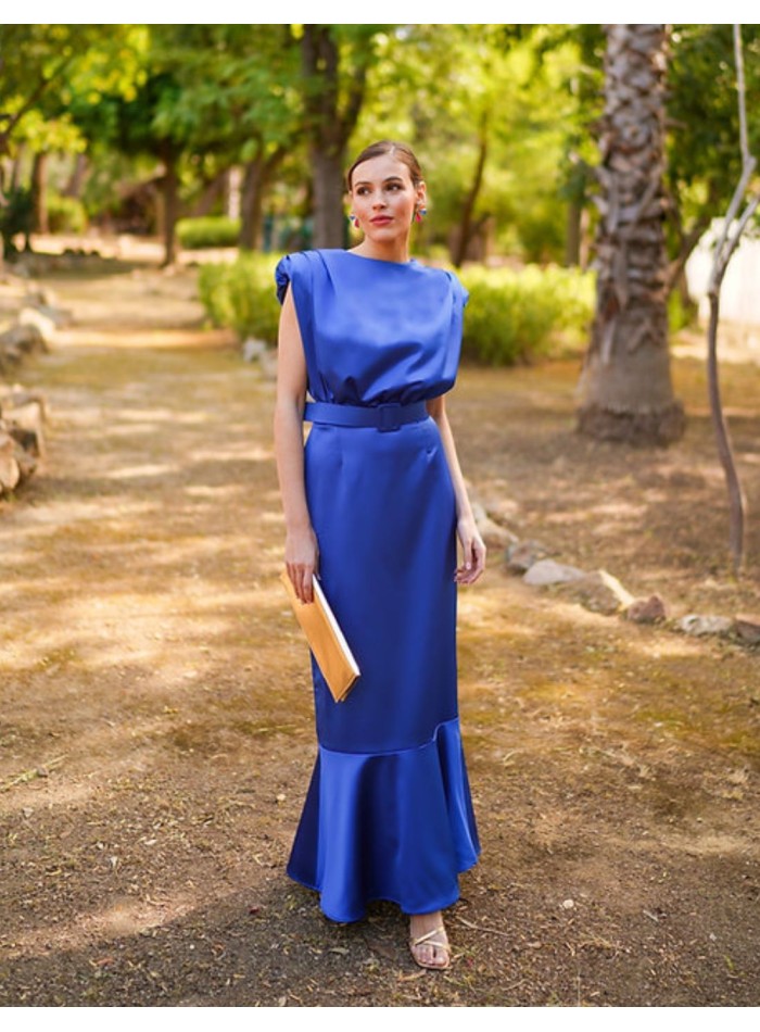 Robe de soirée midi sans manches avec volant, bleu
