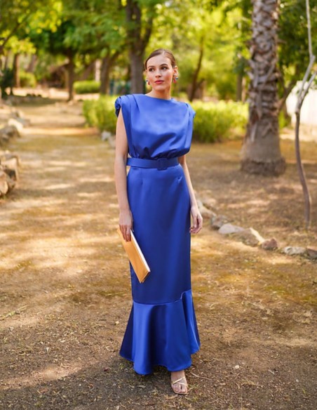 Robe de soirée midi sans manches avec volant, bleu