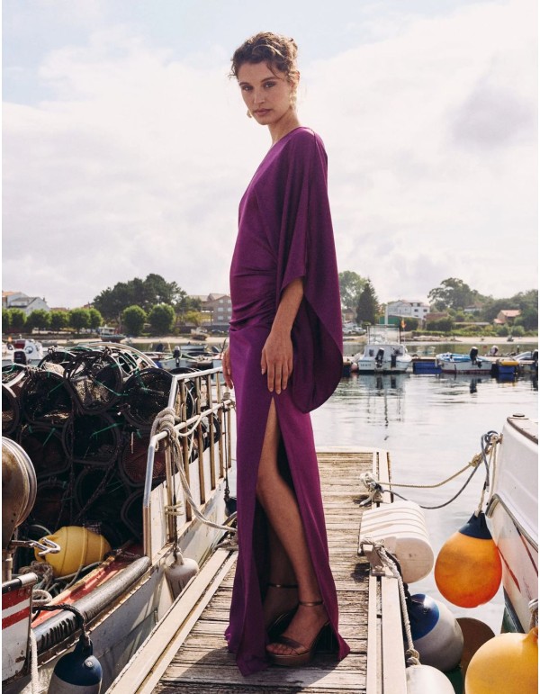 Long satin dress with bat sleeves and asymmetrical neckline 2