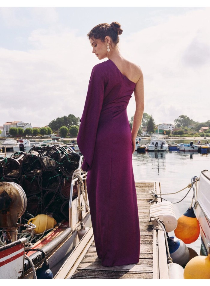 Long satin dress with bat sleeves and...