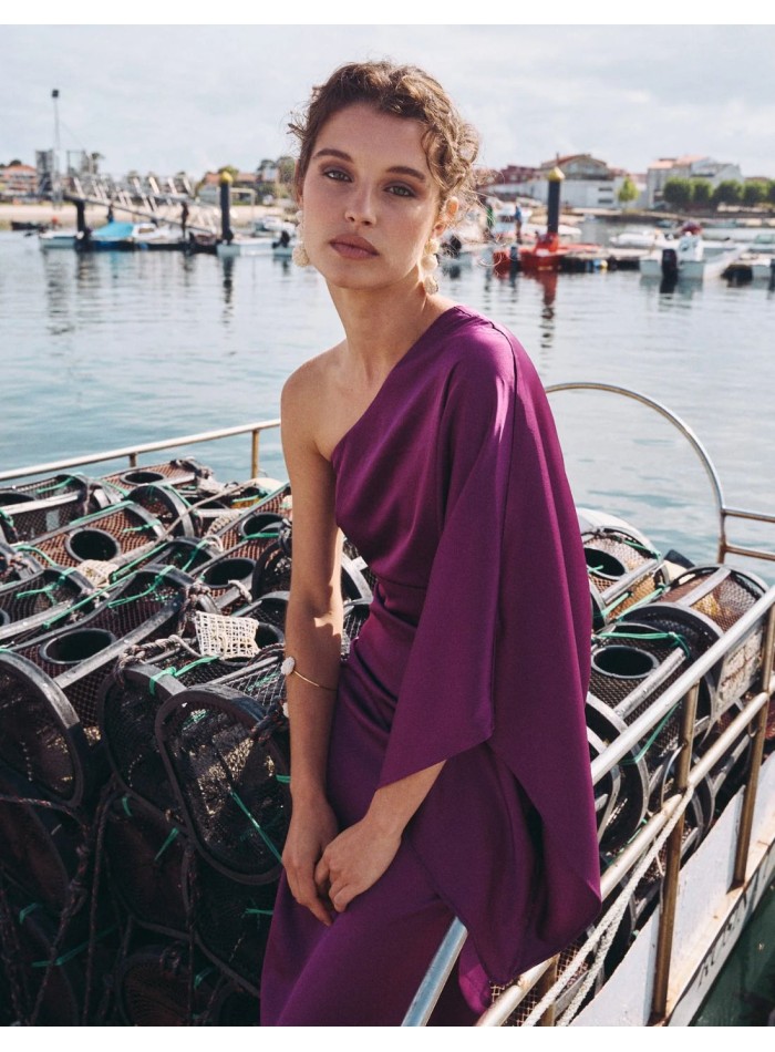 Long satin dress with bat sleeves and...