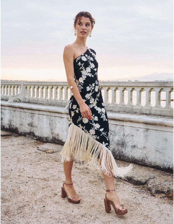 Midi party dress with one sleeve and fringed hemline 2