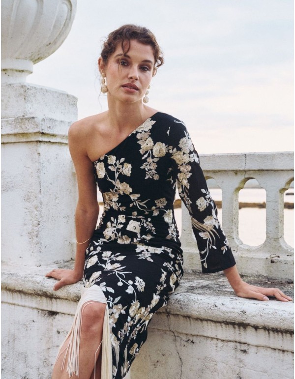 Midi party dress with one sleeve and fringed hemline