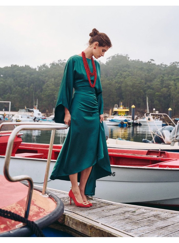 Midi party dress with boat neckline and...